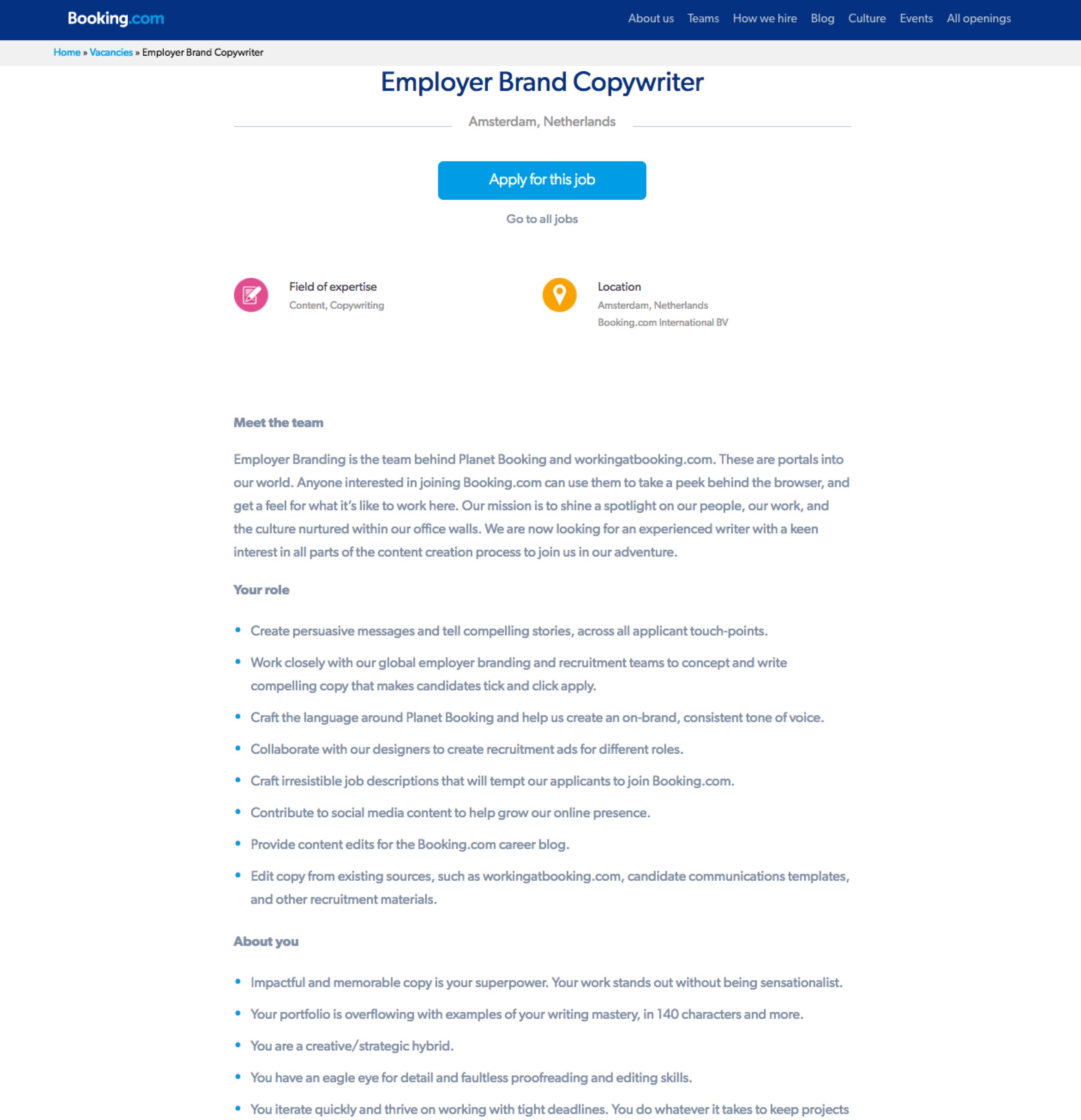 Employer Brand Copywriter Job Description Booking.com | Ongig