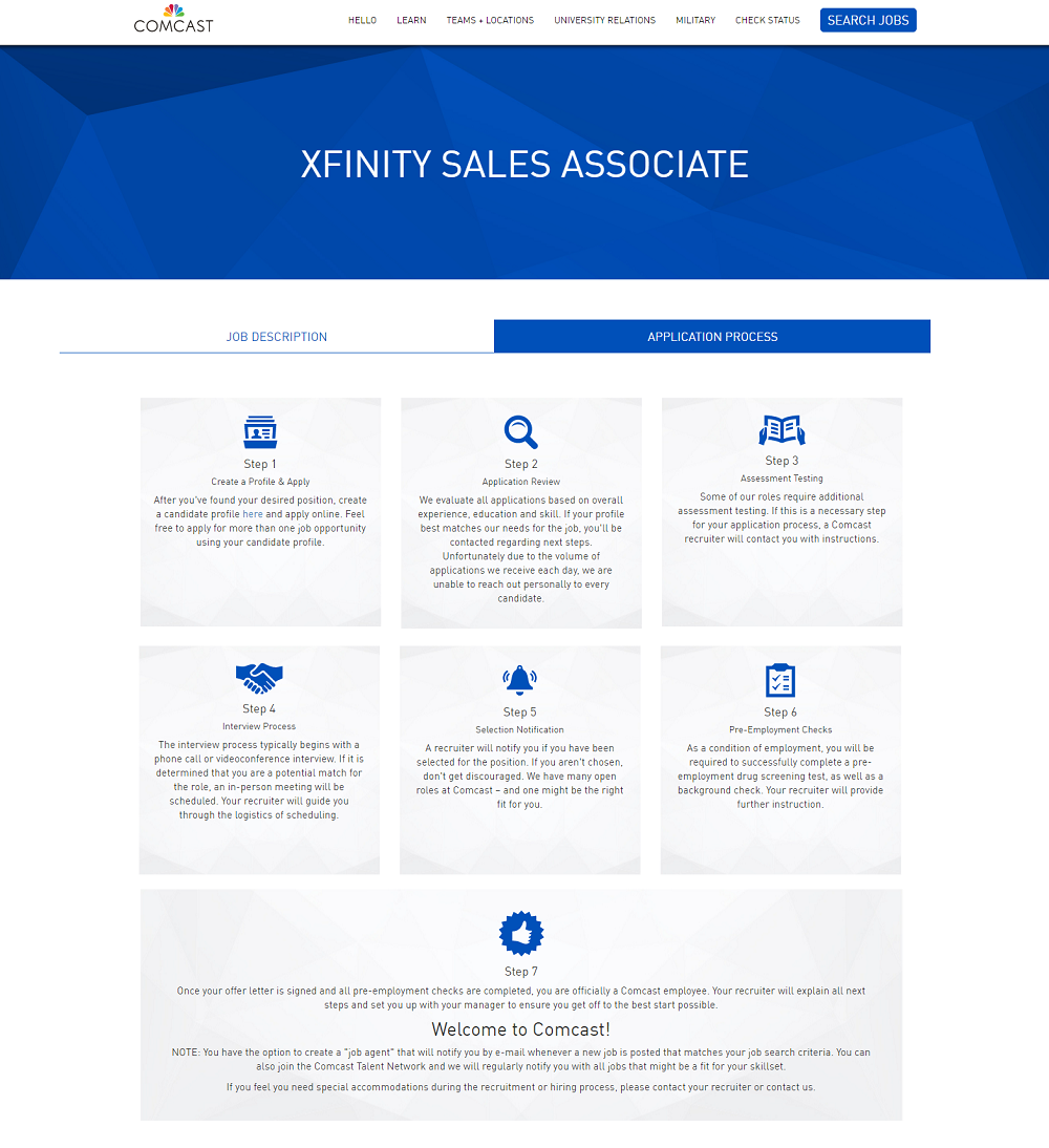 Comcast Job Description with Application Process Information
