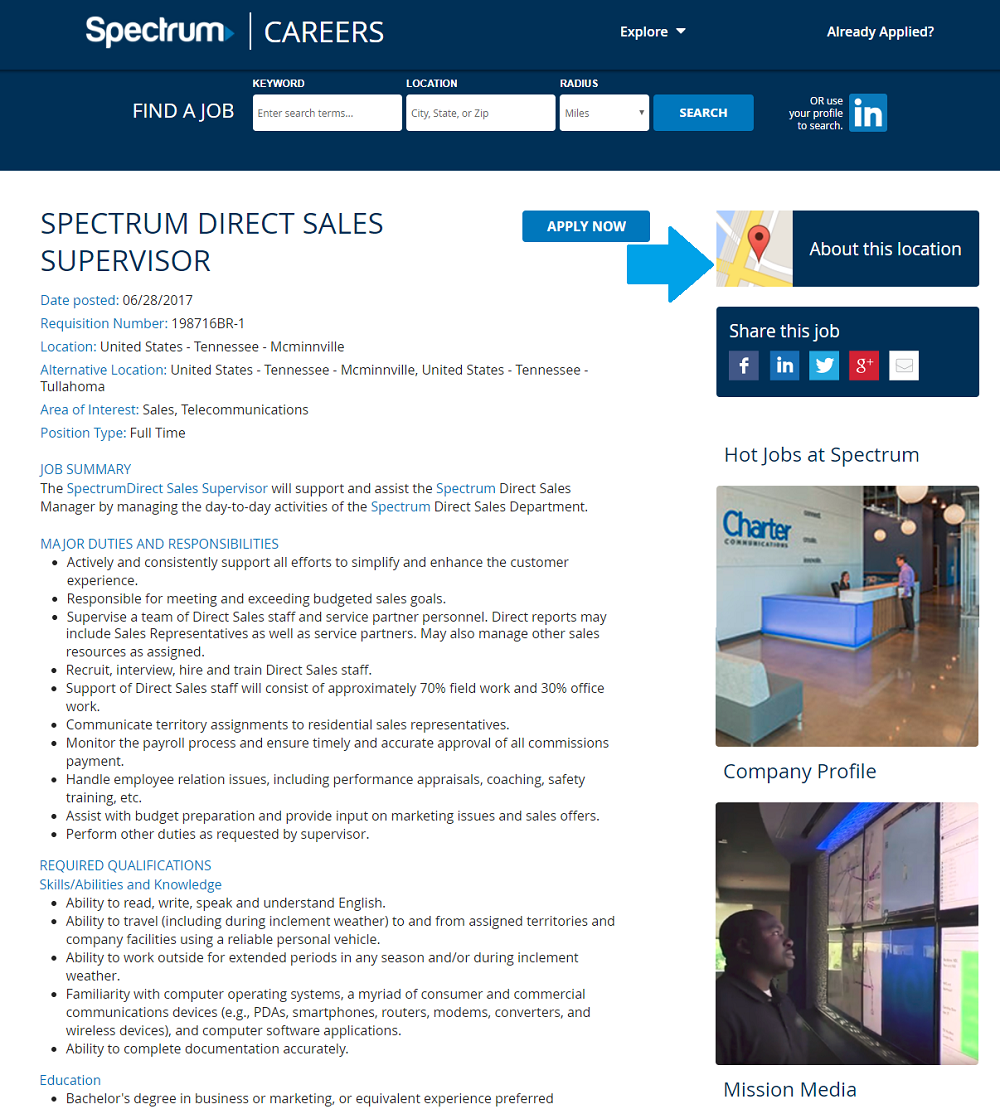 Charter Spectrum job description with map