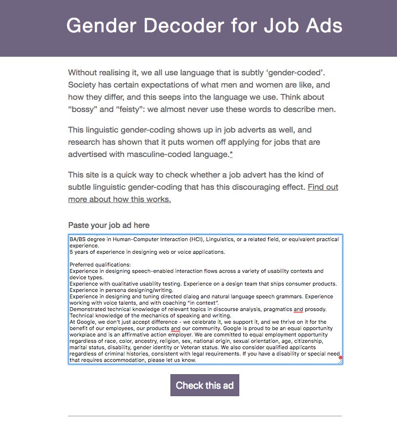 Gender Decoder makes your text gender neutral