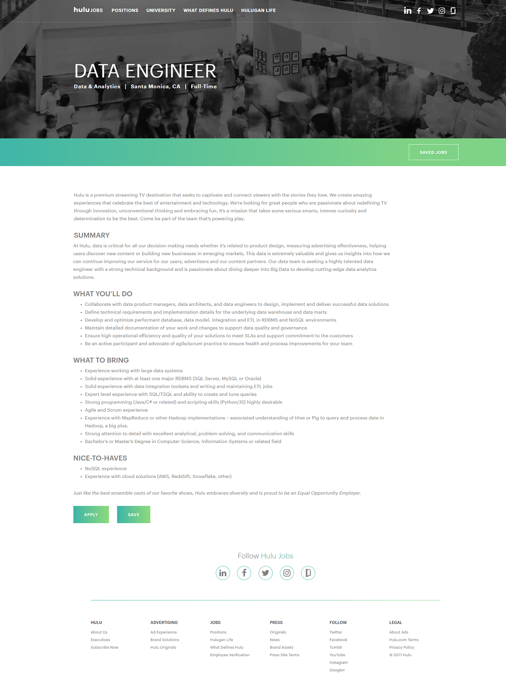 Hulu Jobvite ATS job page overlay