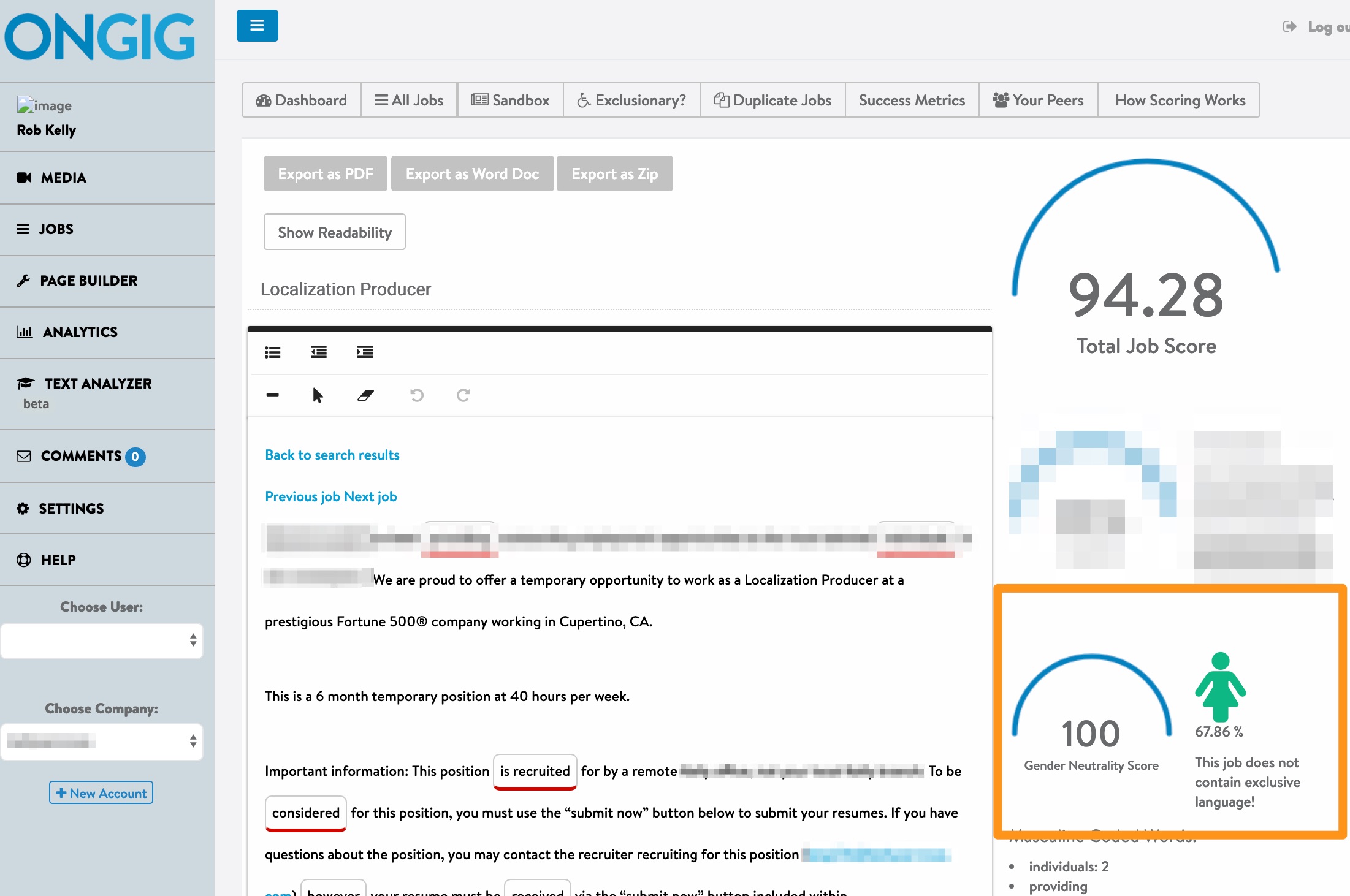 job description gender score with ongig