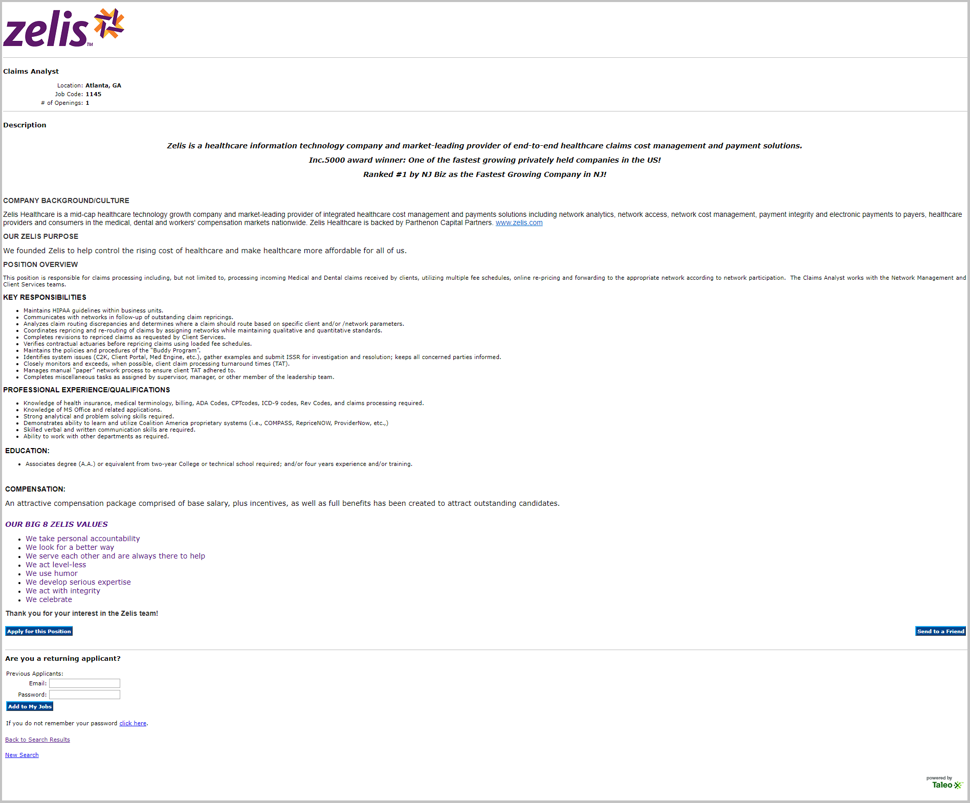 Zelis Taleo Job Page