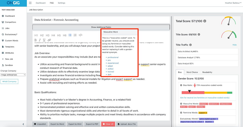 text analyzer masculine words ongig