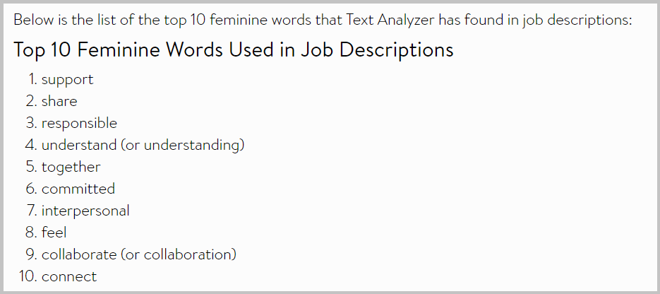 List of top 10 feminine words used in job descriptions