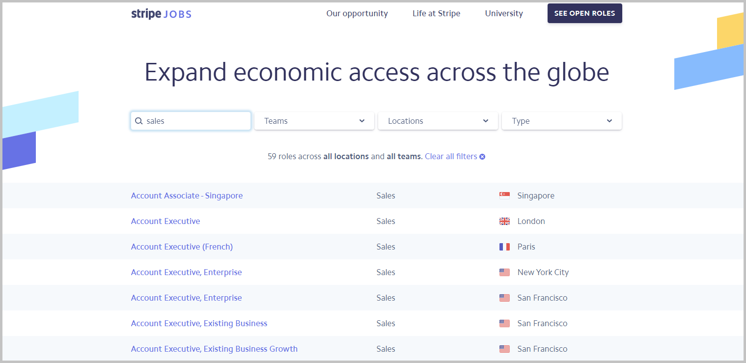 job search on Stripe career site