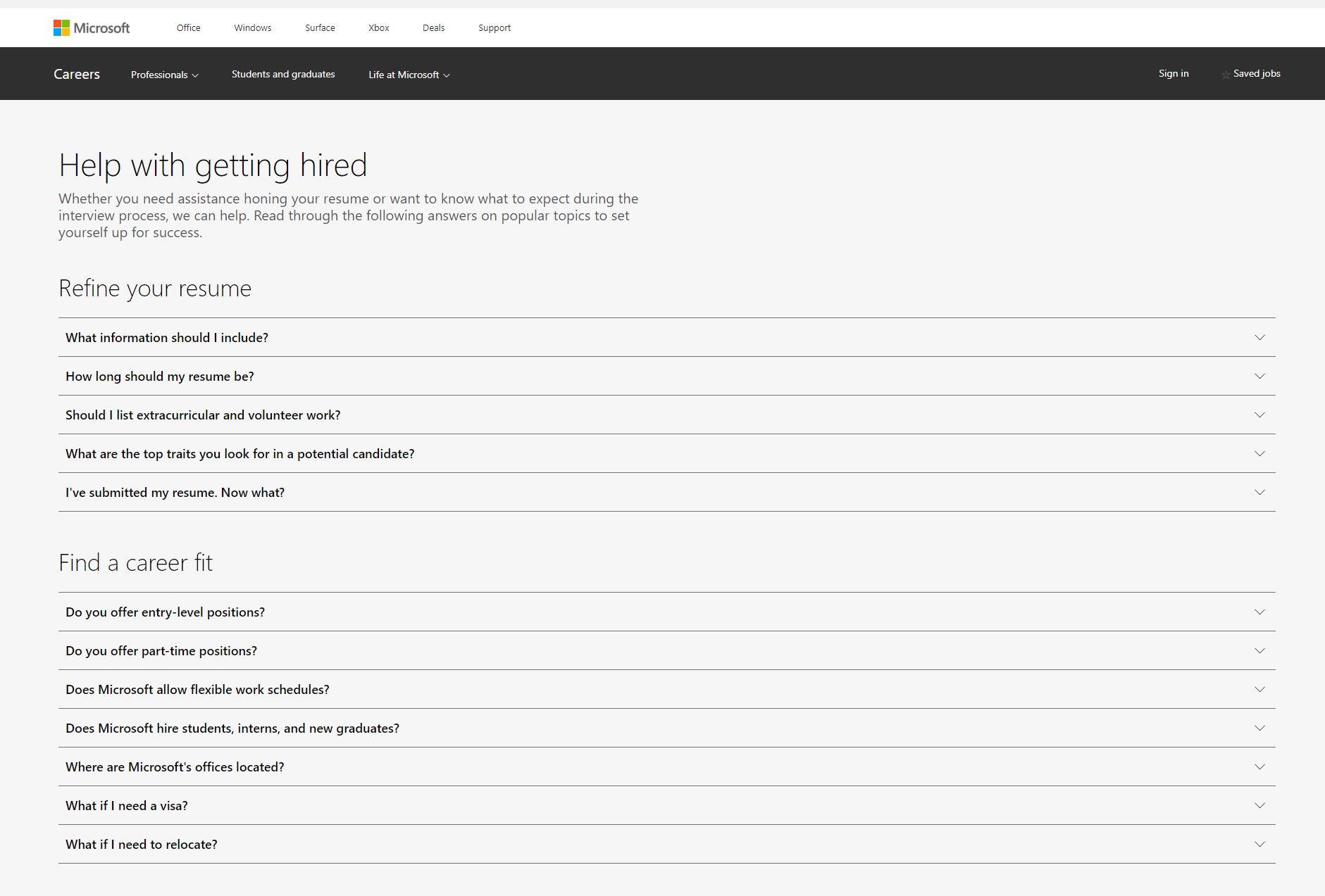 Microsoft career site FAQ section