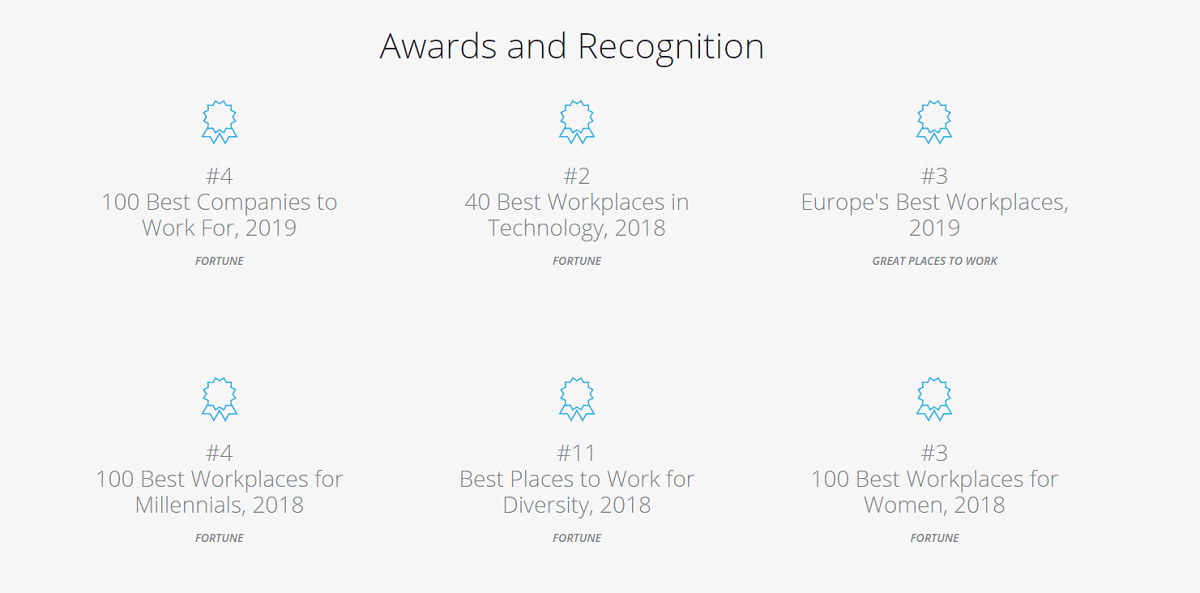 Employer of choice awards on Workday's career page