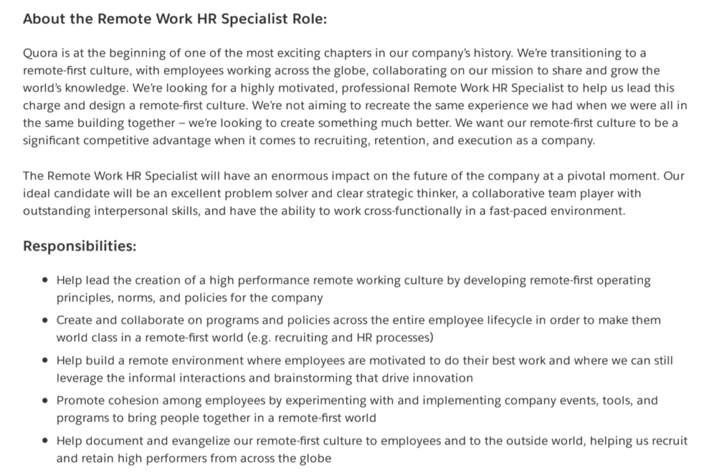 job posting for remote work specialist hr titles