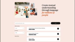 Hero section of Babbel careers page with a collage of people on the left and the headline 'Create mutual understanding through language for millions of people' on the right, peach background, search bar below the image.