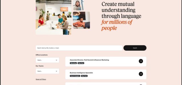 Hero section of Babbel careers page with a collage of people on the left and the headline 'Create mutual understanding through language for millions of people' on the right, peach background, search bar below the image.