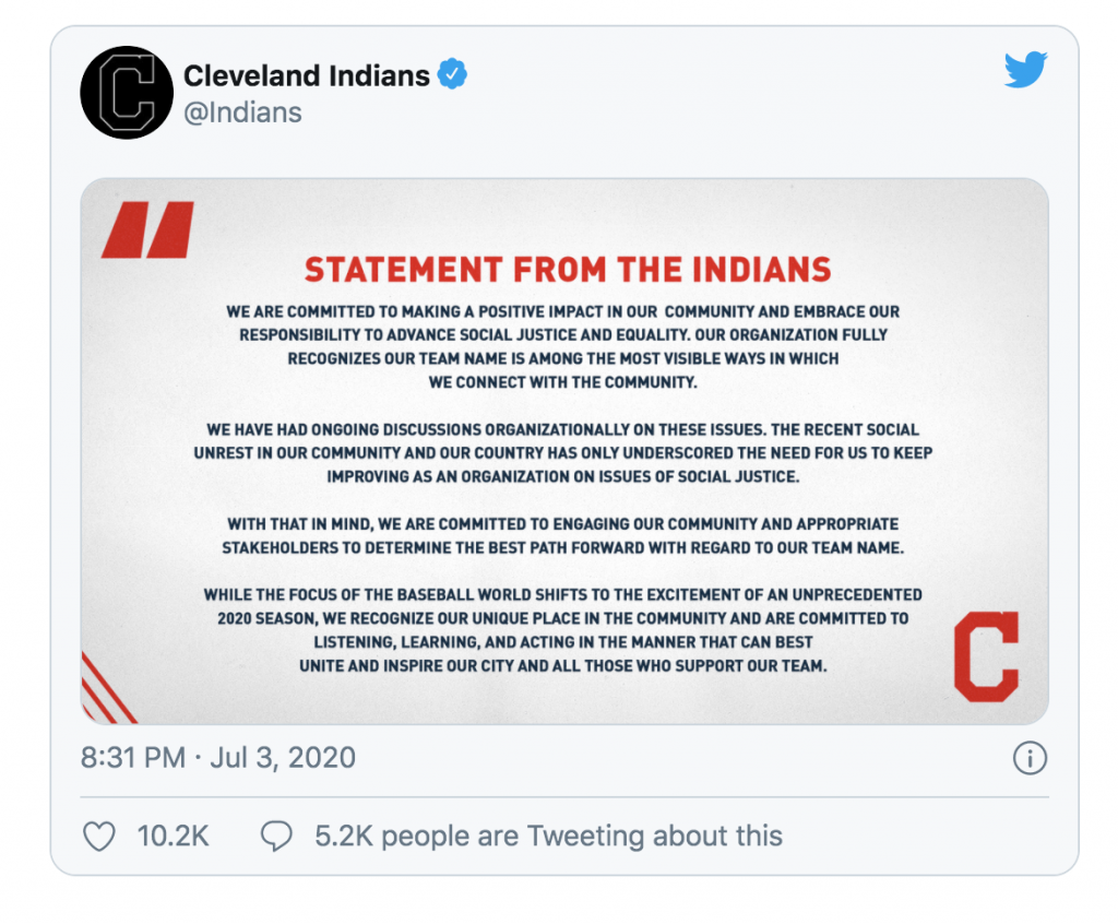 Indians issue statement on team name