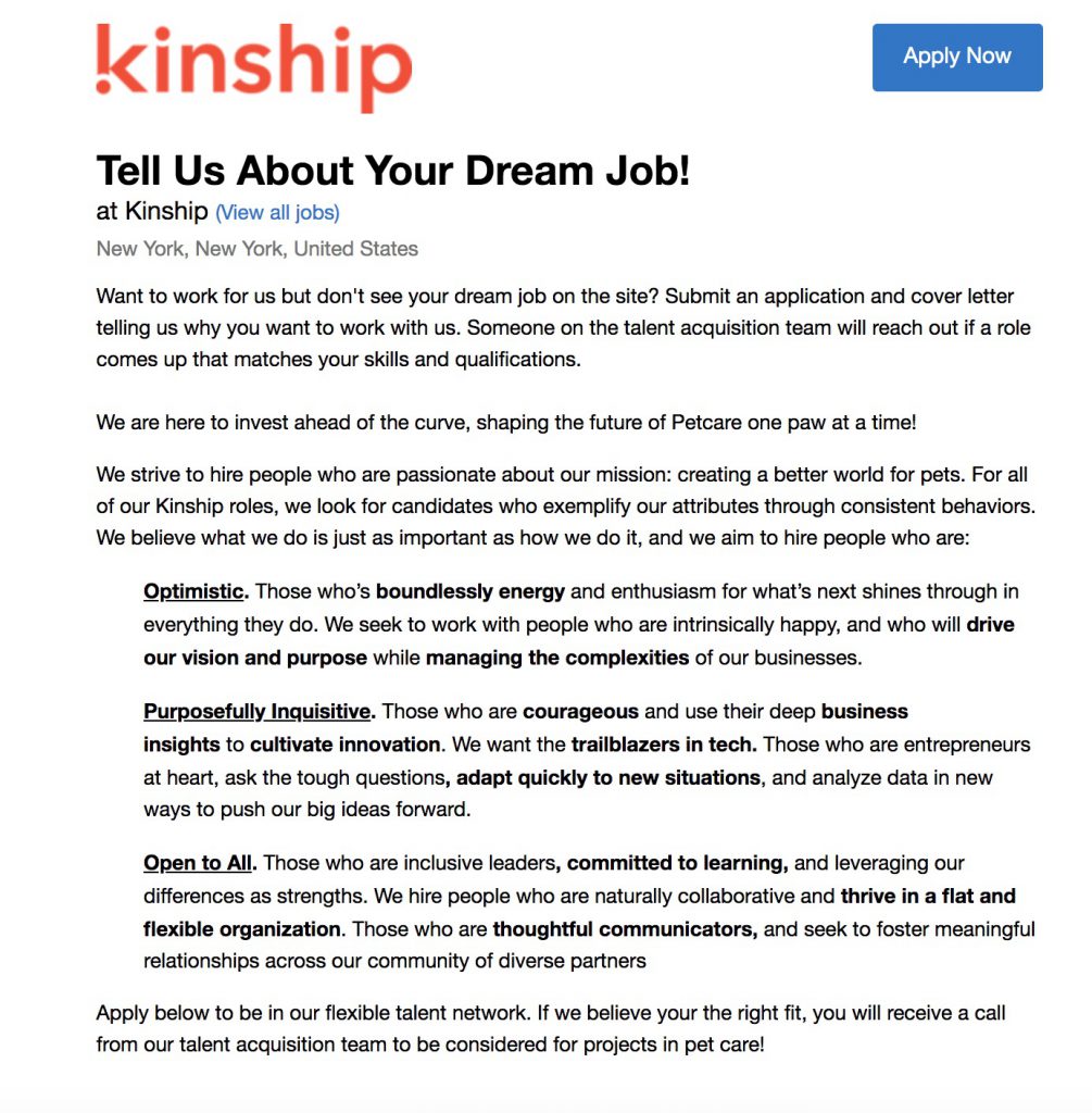 kinship dream job marketing page