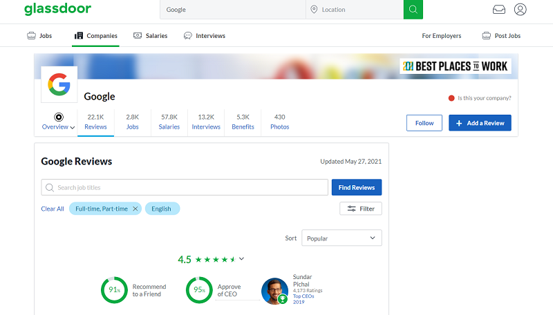 glassdoor employer review site