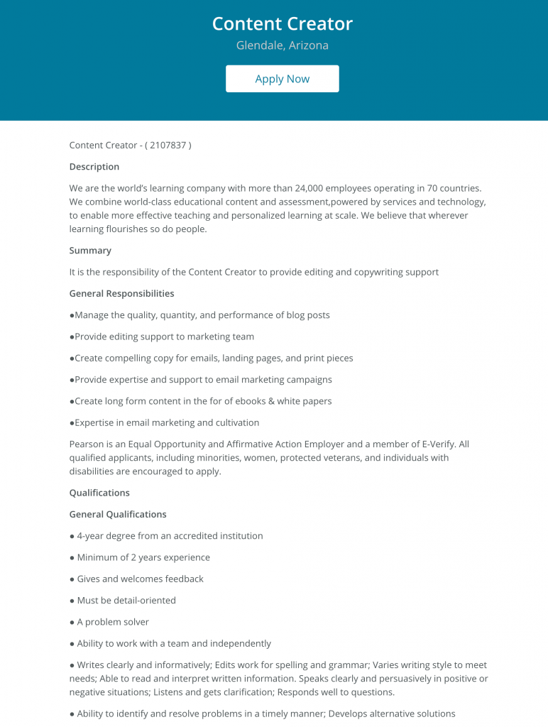 10 Examples of a Content Creator Job Description[2022 Update] Ongig Blog