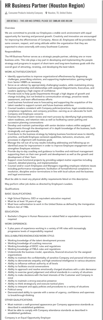 hr business partner job description southwest airlines