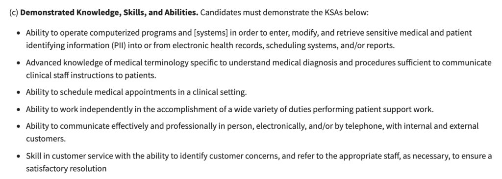 KSA Examples for Medical Support Assistant
