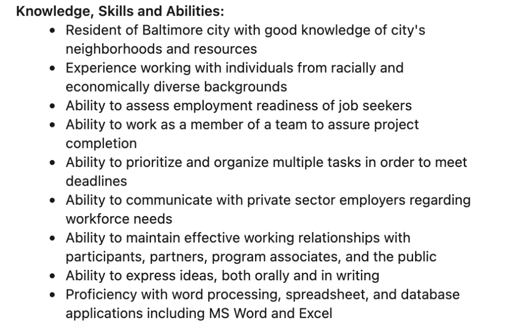 knowledge skills and ability examples | city of baltimore