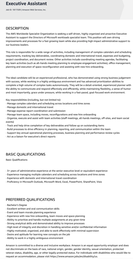 executive assistant job description sample  amazon