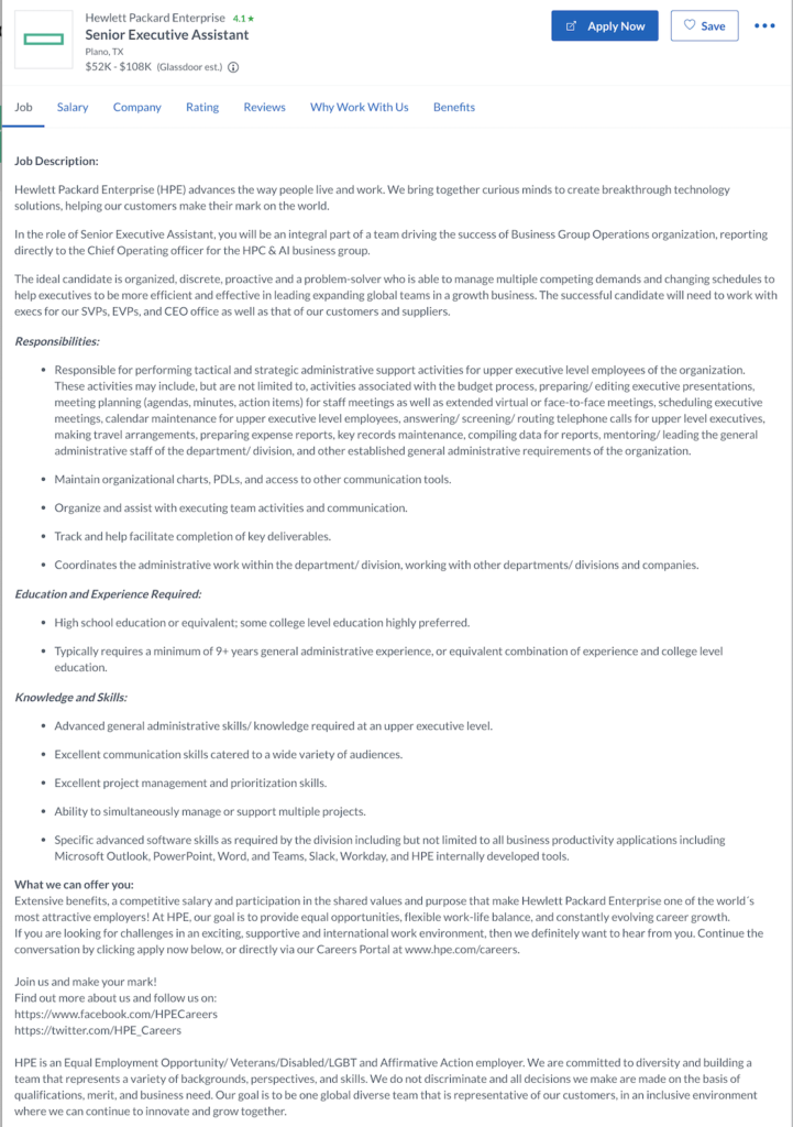 sr executive assistant job description hpe