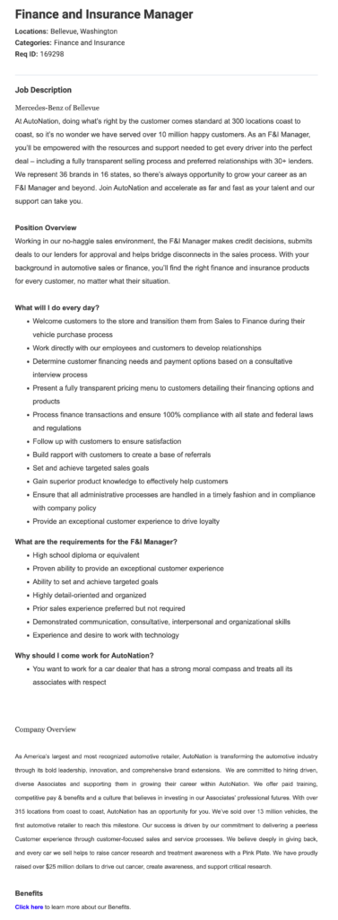 Finance Manager Job Description Template -- Mercedes-Benz AutoNation
