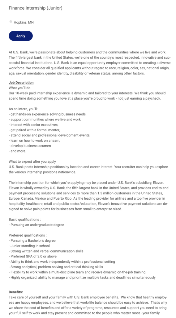 Finance intern job description sample