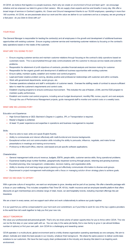 General Manager Job Description Template -- CEVA Logistics