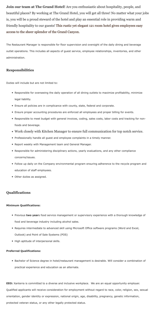 Restaurant Manager Job Description Template -- The Grand Hotel