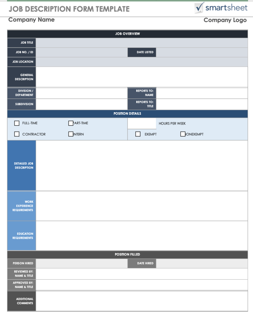 job description template excel colorful