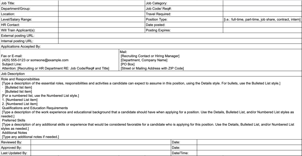 job description template excel simple