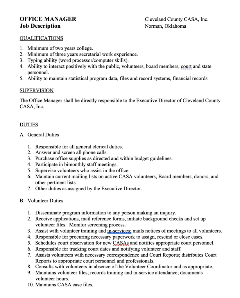 Sample Office Manager Job Description Template word