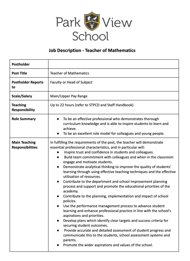 teacher job description template google docs