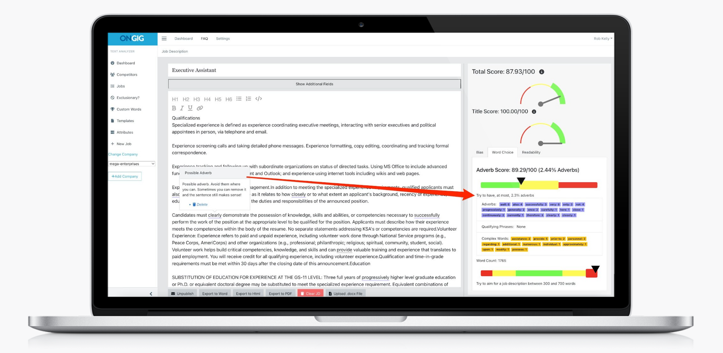 Ongig text analyzer complex words finder