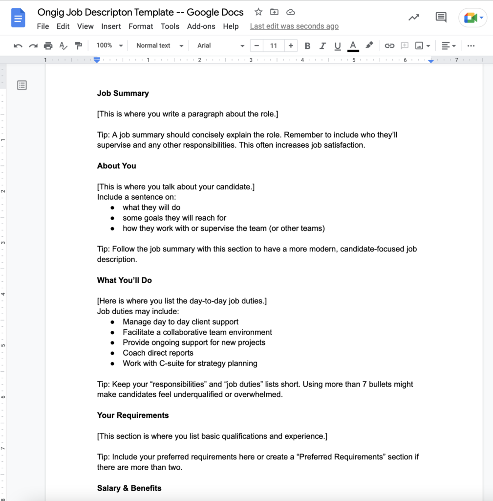 creating a job description google docs