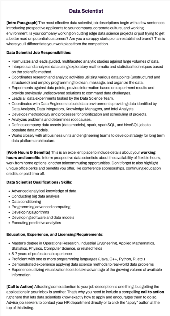 monster sample job description template data scientist