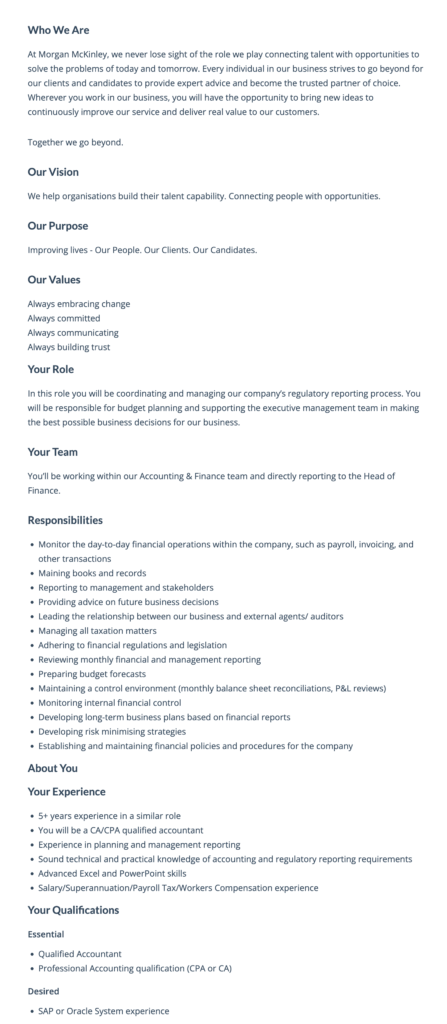 morgan mckinley sample job description template finance manager
