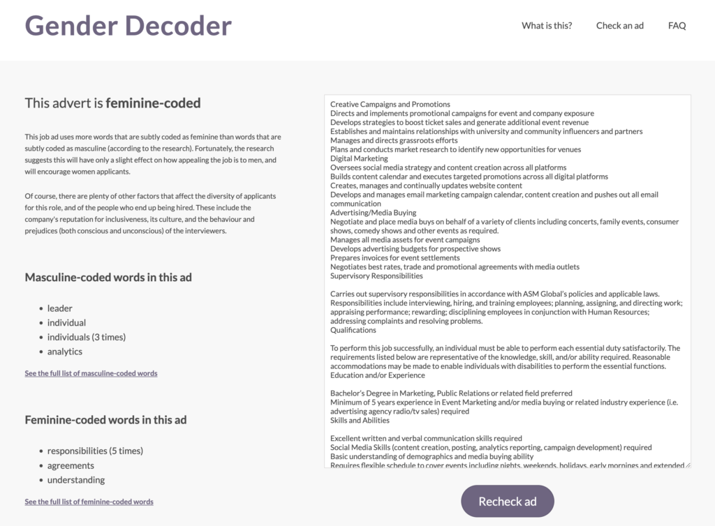 gender decoder Job Description Bias Tool