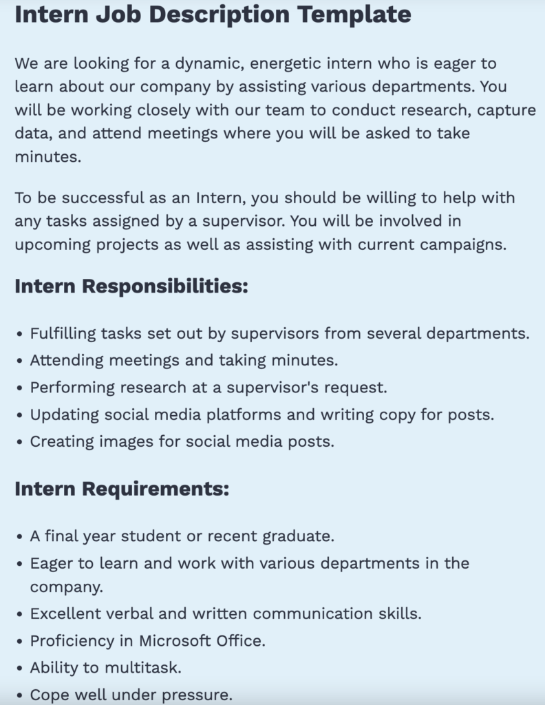 generic intern job description betterteam