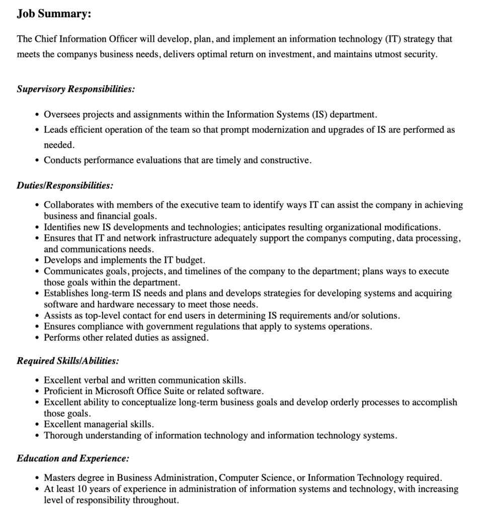 CTO Job Description Template SHRM