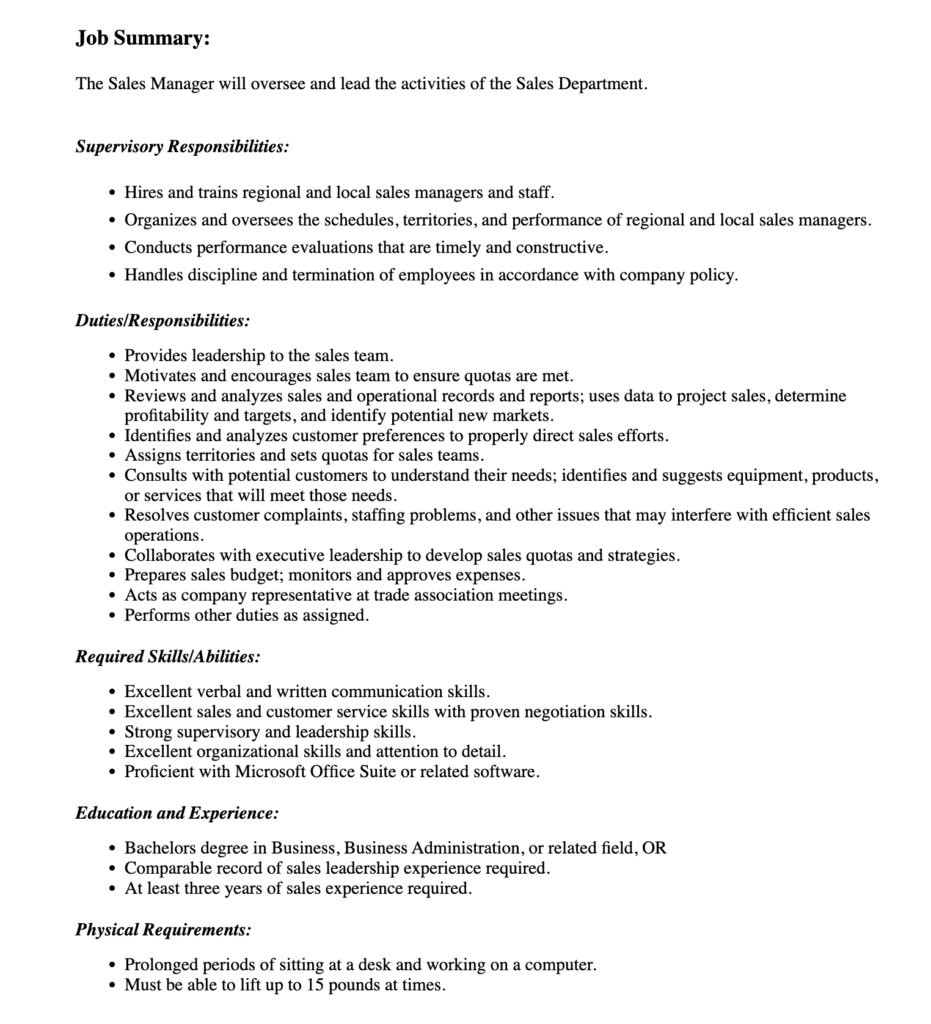 Sales Job Description Template SHRM