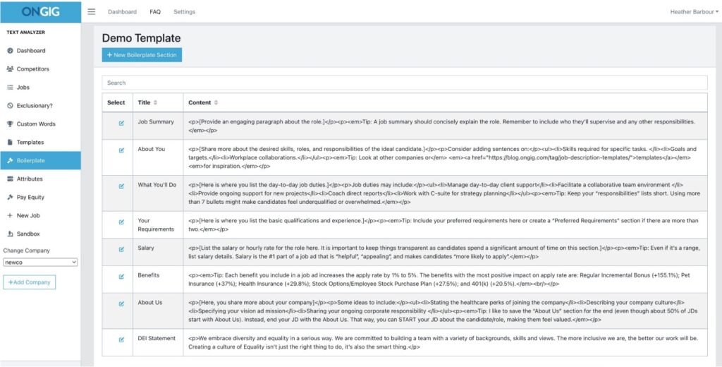 ongig job description benchmarking bolierplates