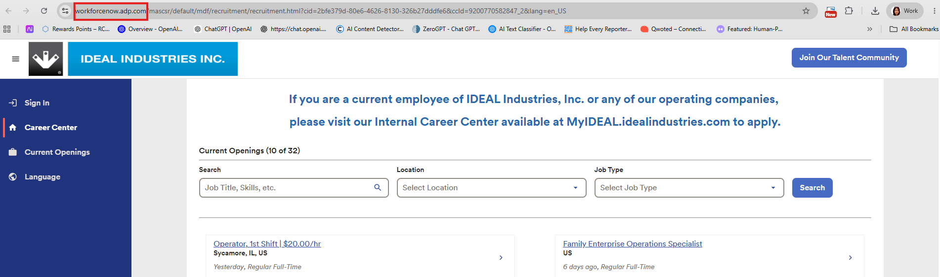 IDEAL Industries careers page with left blue navigation, top header, and a job search panel showing title, location, and type fields.