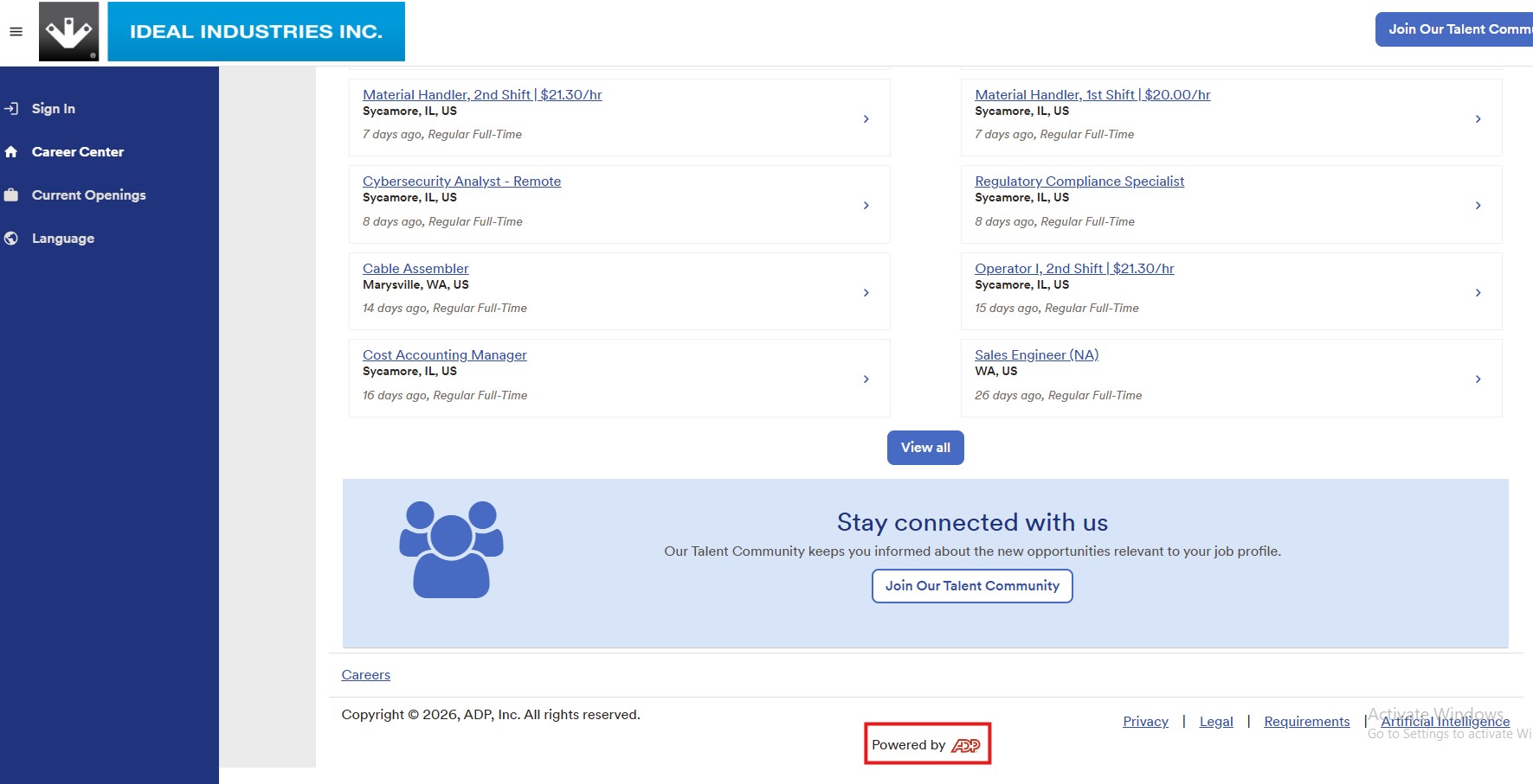 Careers page with a blue left navigation panel and a list of job postings; 'Join Our Talent Community' button visible at top right; 'Powered by ADP' logo at bottom.