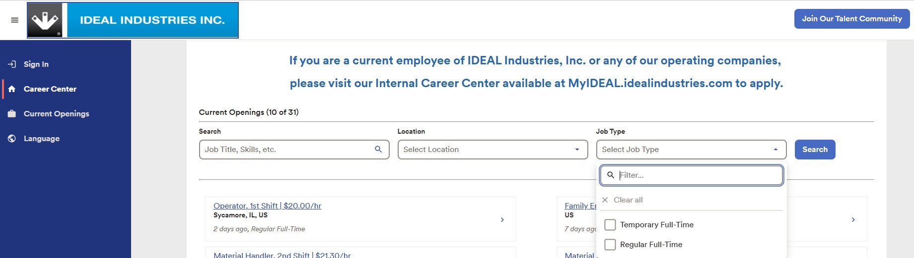 IDEAL Industries careers page with left navigation, top logo, and a job search form showing location and job type filters.