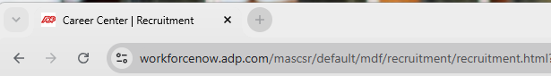 Screenshot of a web browser open to a recruitment page titled 'Career Center | Recruitment' with the ADP recruitment URL in the address bar.