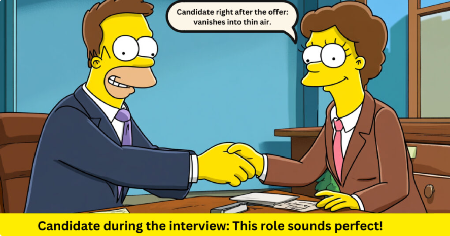 Two cartoon coworkers shake hands in an office; a speech bubble jokes about a candidate vanishing after the offer; bottom caption reads 'This role sounds perfect.'