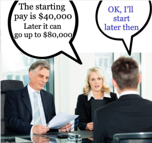 Office interview scene discussing salary: starting pay k with potential to k; response: 'OK, I’ll start later then'