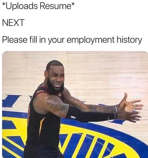 Humorous meme showing LeBron James with arms wide on a basketball court, caption about uploading a resume and filling in employment history.