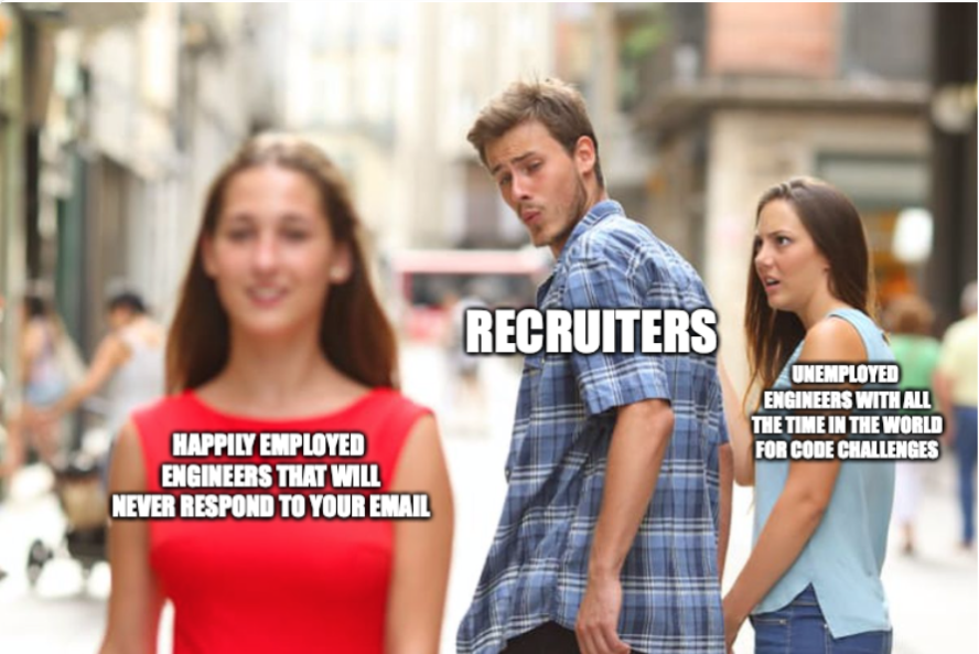 Meme showing a recruiter in the middle between two engineers, with bold captions about email responses and time for code challenges: left 'Happily employed engineers that will never respond to your email', center 'Recruiters', right 'Unemployed engineers with all the time in the world for code challenges'