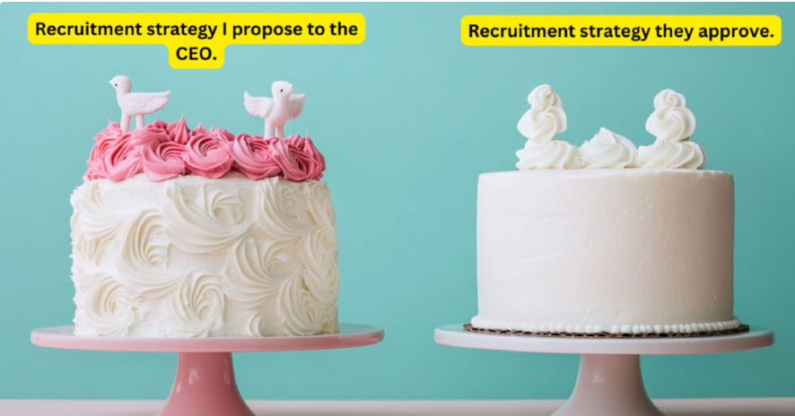 Two cakes on pink stands with teal background; left cake has pink frosting and a caption reading 'Recruitment strategy I propose to the CEO.', right cake caption reads 'Recruitment strategy they approve.'